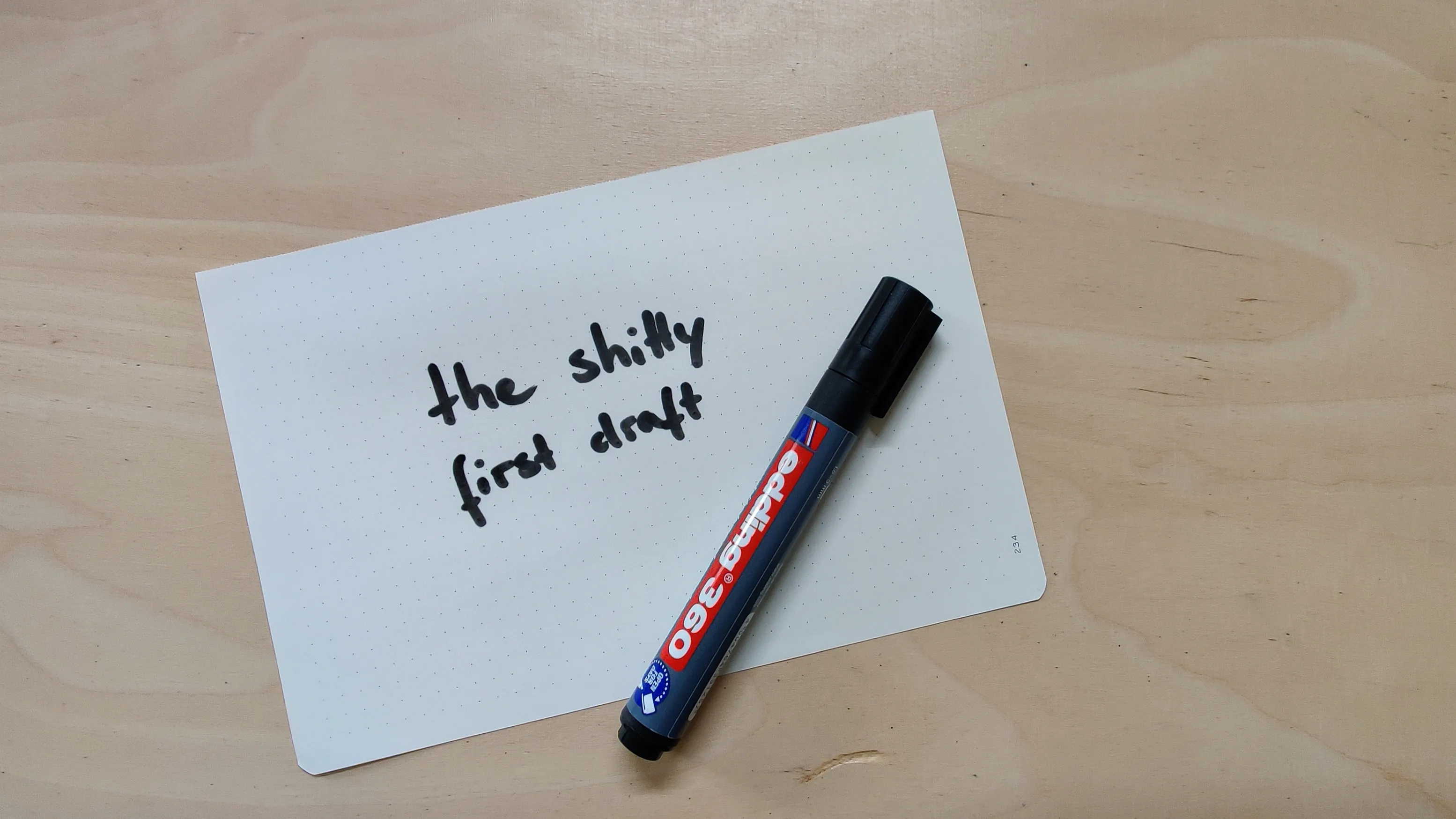 A white sheet of paper with bold, black, handwritten-style text that reads 'the shitty first draft.' The paper sits on a plain surface, evoking the raw, unpolished start of a creative process.
